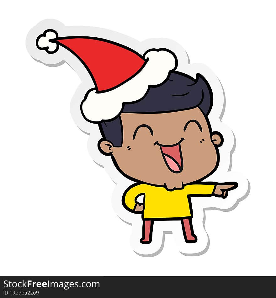 Sticker Cartoon Of A Man Laughing Wearing Santa Hat