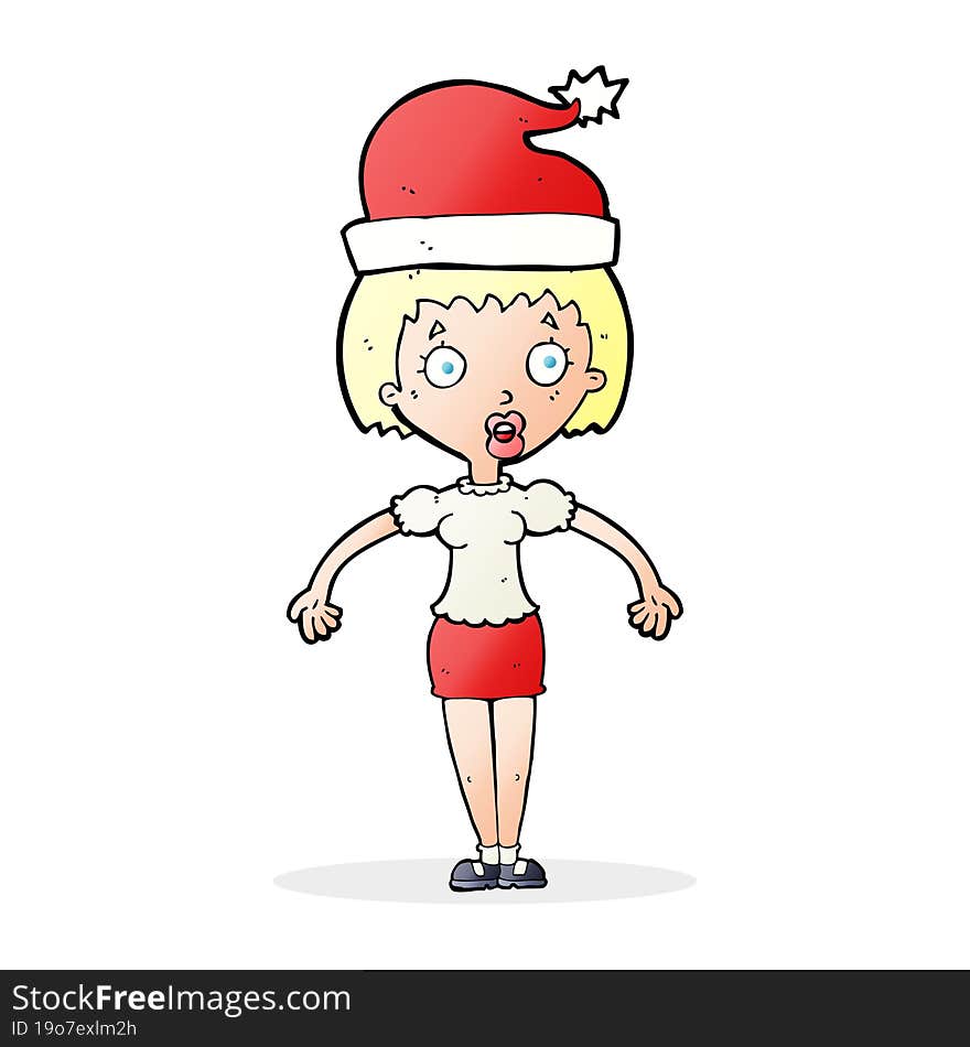 cartoon woman wearing christmas hat shrugging shoulders