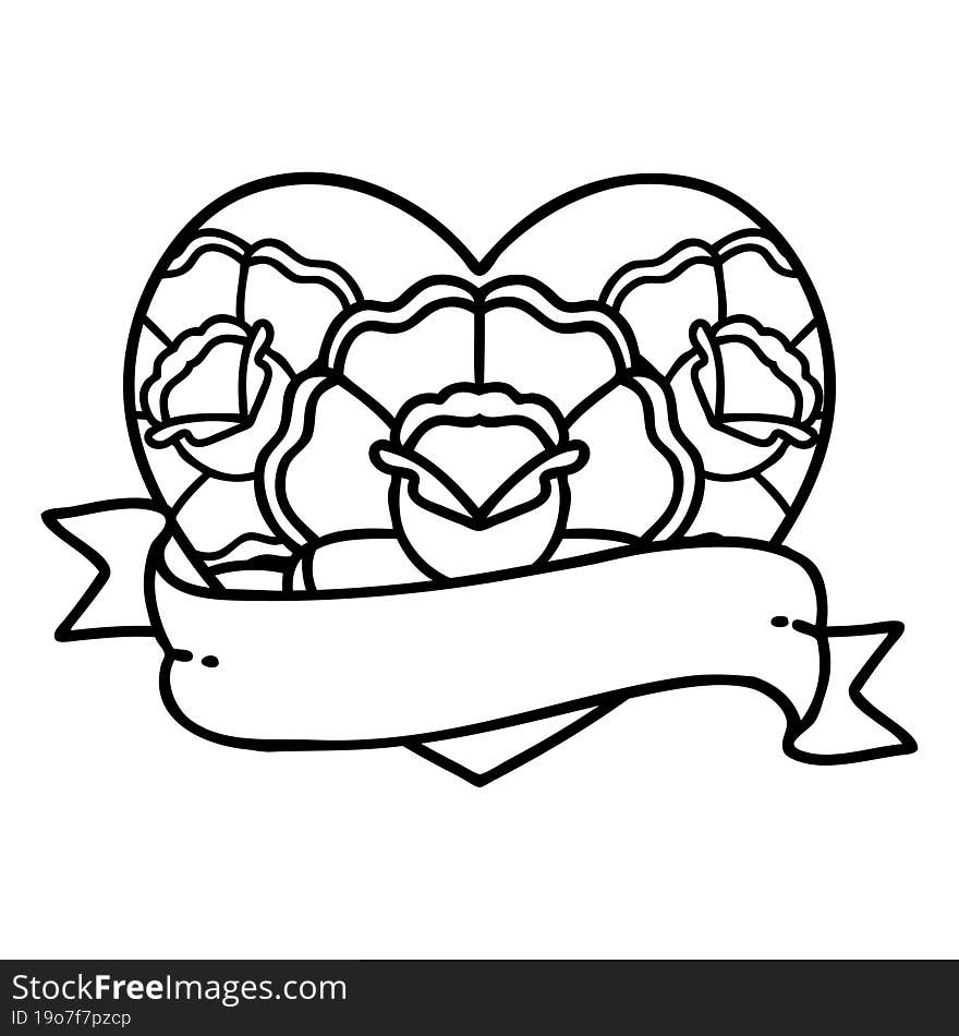 tattoo in black line style of a heart and banner with flowers. tattoo in black line style of a heart and banner with flowers