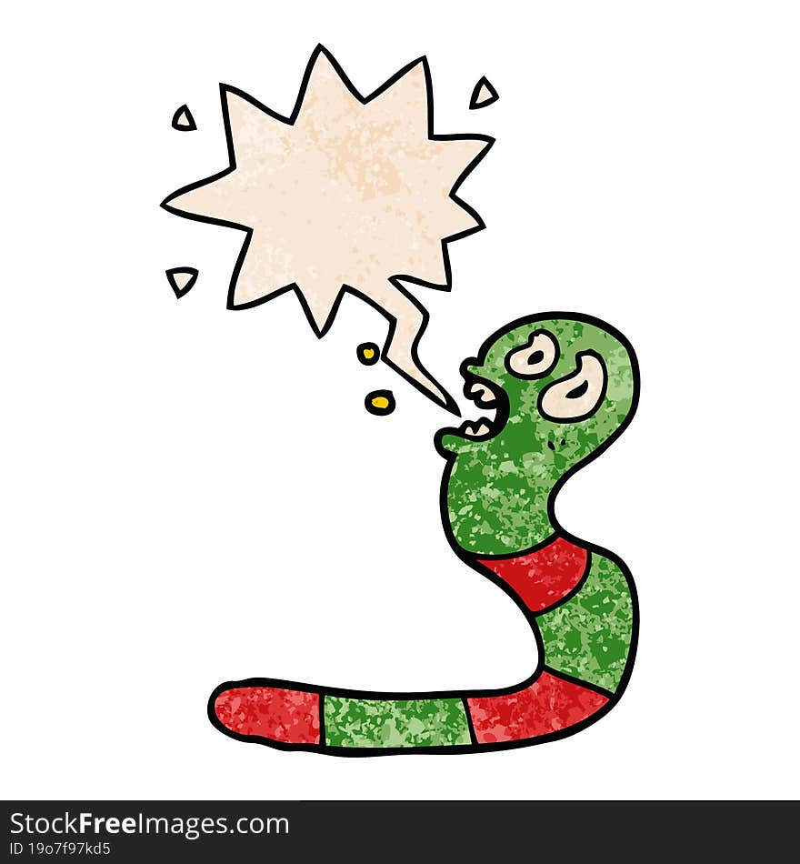 cartoon frightened worm and speech bubble in retro texture style