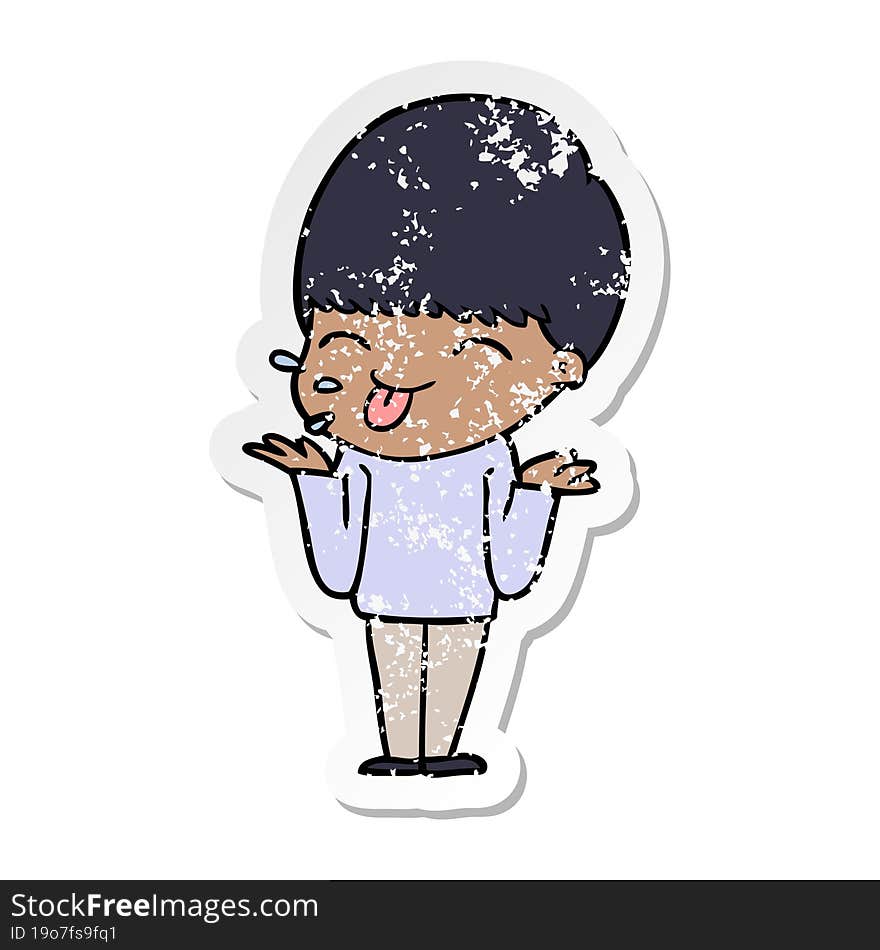 distressed sticker of a cartoon boy sticking out tongue