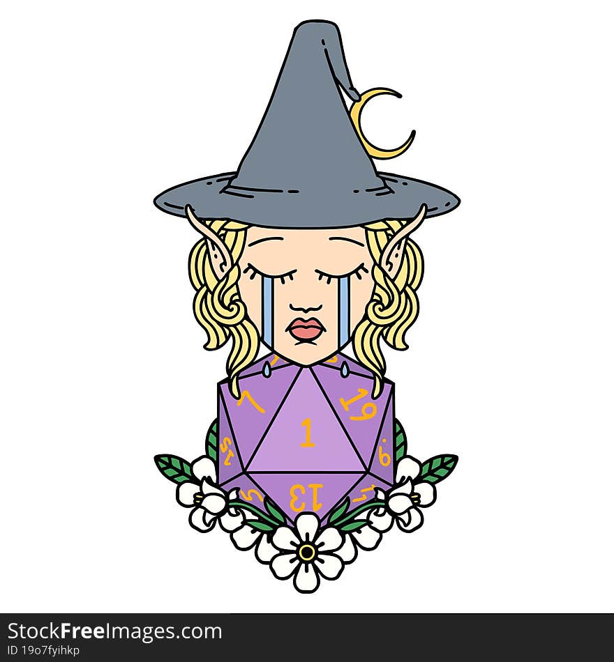 crying elf witch with natural one D20 roll illustration