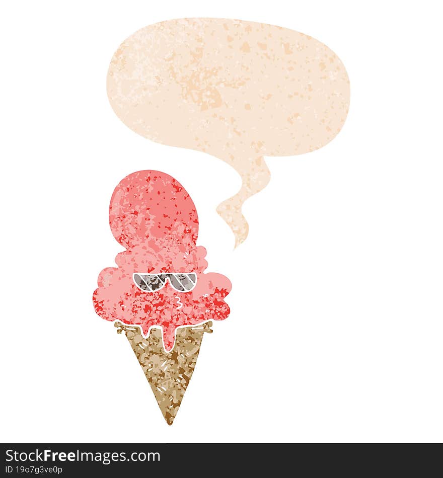 cartoon cool ice cream and speech bubble in retro textured style