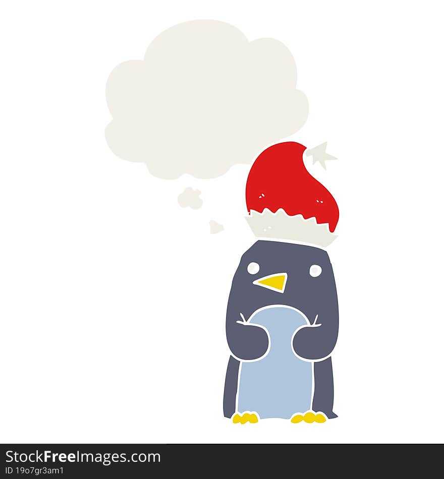 cute christmas penguin and thought bubble in retro style