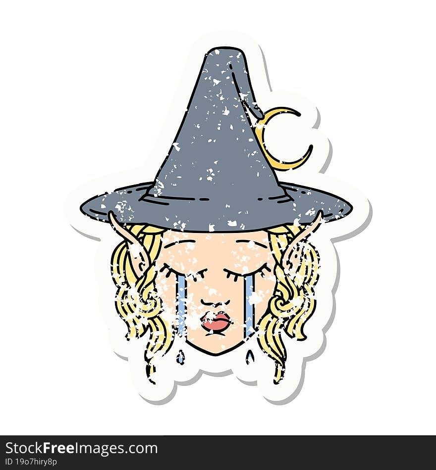 Crying Elf Mage Character Face Grunge Sticker