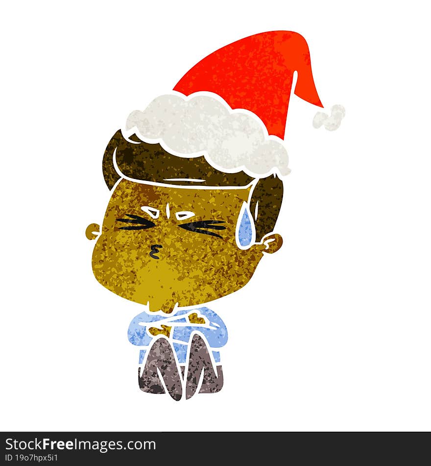 retro cartoon of a man sweating wearing santa hat