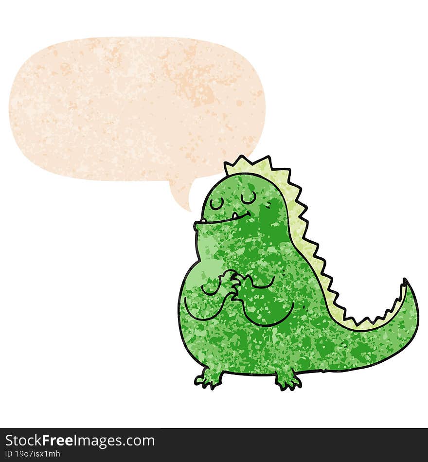 cartoon dinosaur and speech bubble in retro textured style