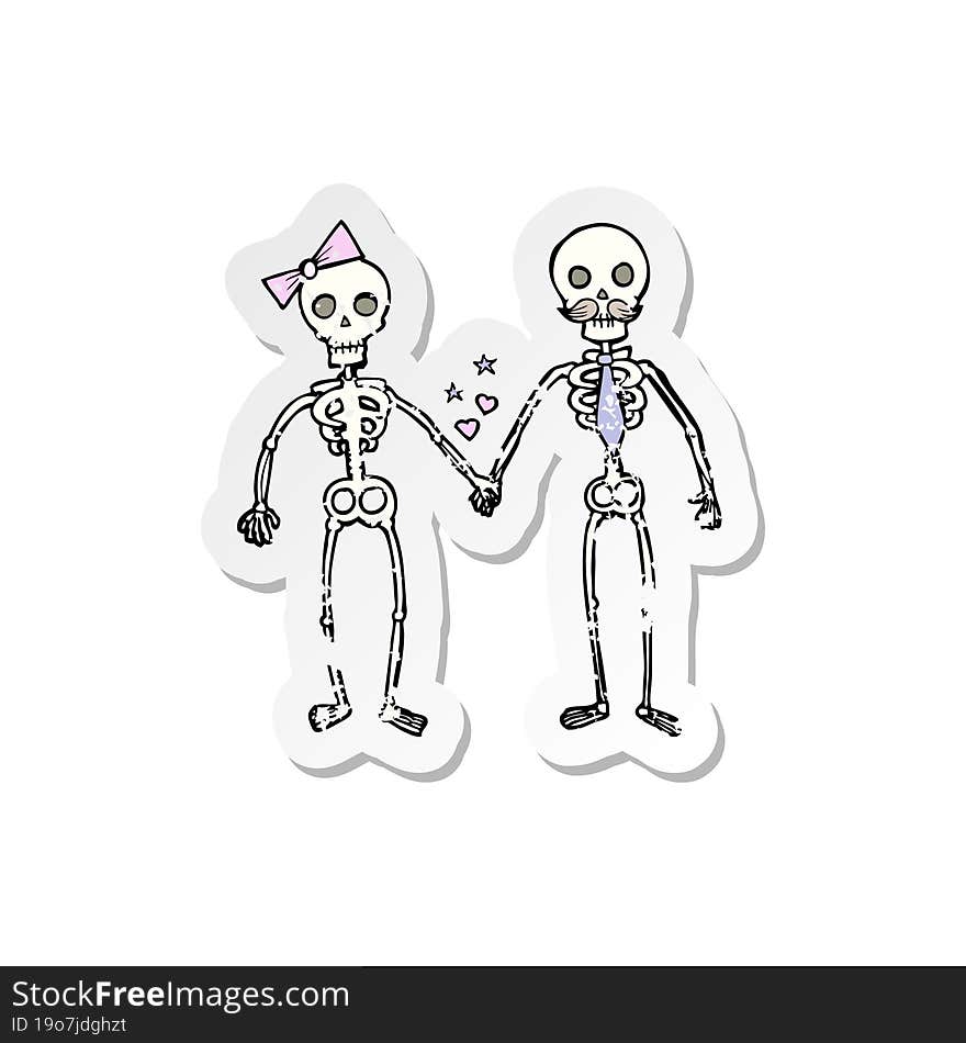 retro distressed sticker of a cartoon skeletons in love