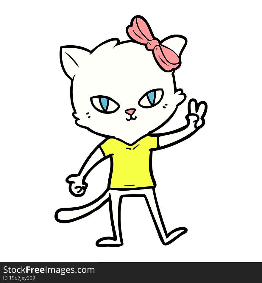 cute cartoon cat girl giving peace sign. cute cartoon cat girl giving peace sign