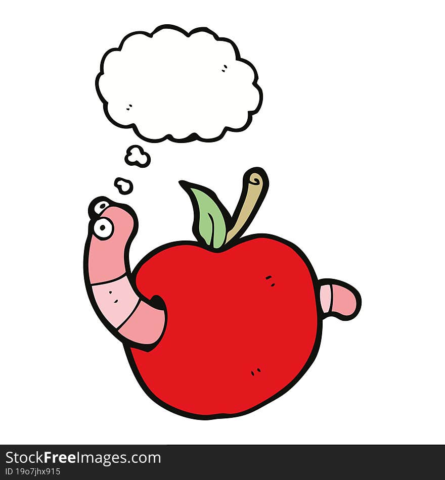 cartoon worm in apple with thought bubble