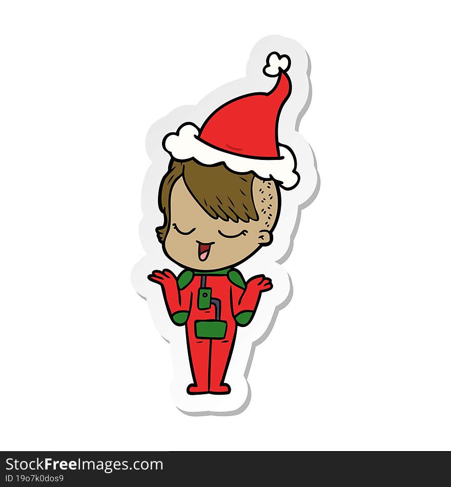 Happy Sticker Cartoon Of A Girl In Space Suit Wearing Santa Hat