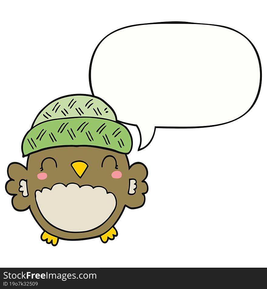 cute cartoon owl in hat and speech bubble