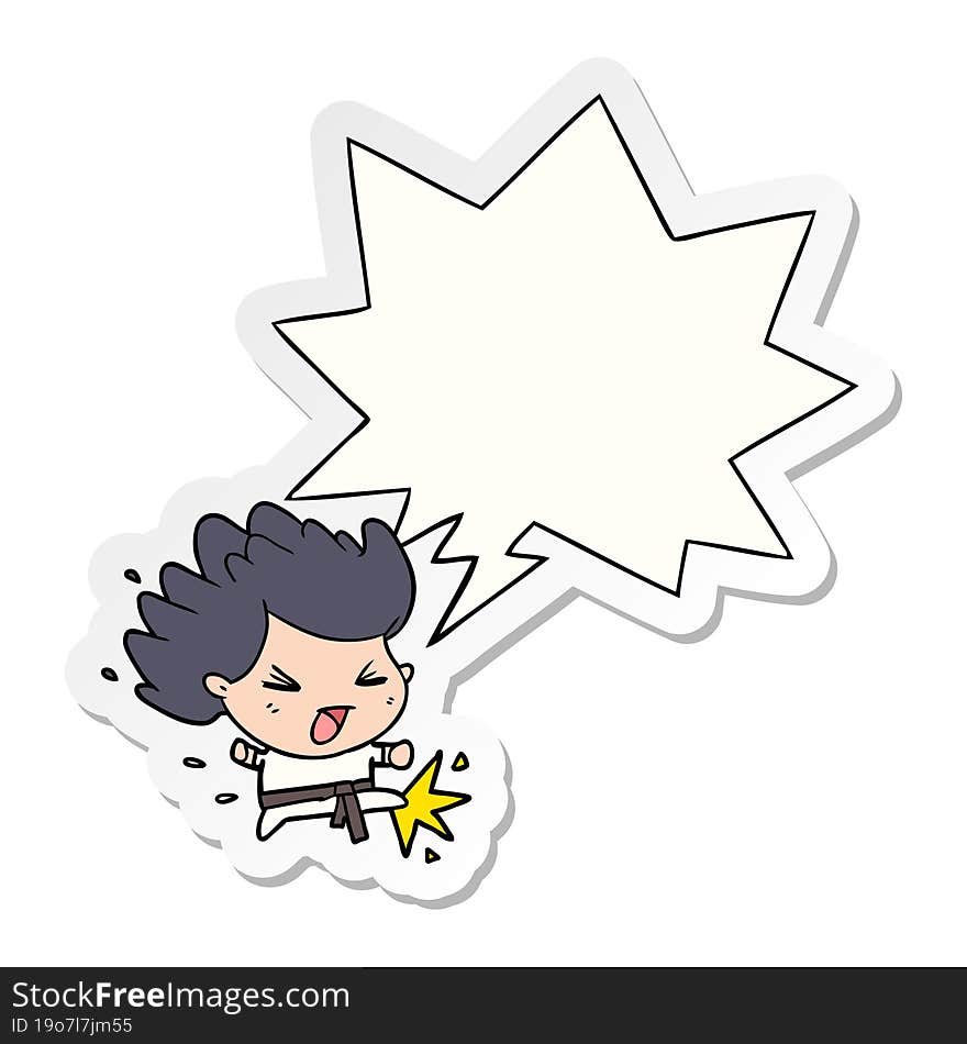 cute cartoon kicking karate champion and speech bubble sticker