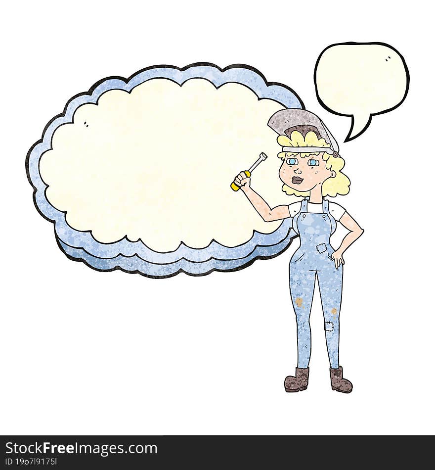 freehand drawn texture speech bubble cartoon female mechanic