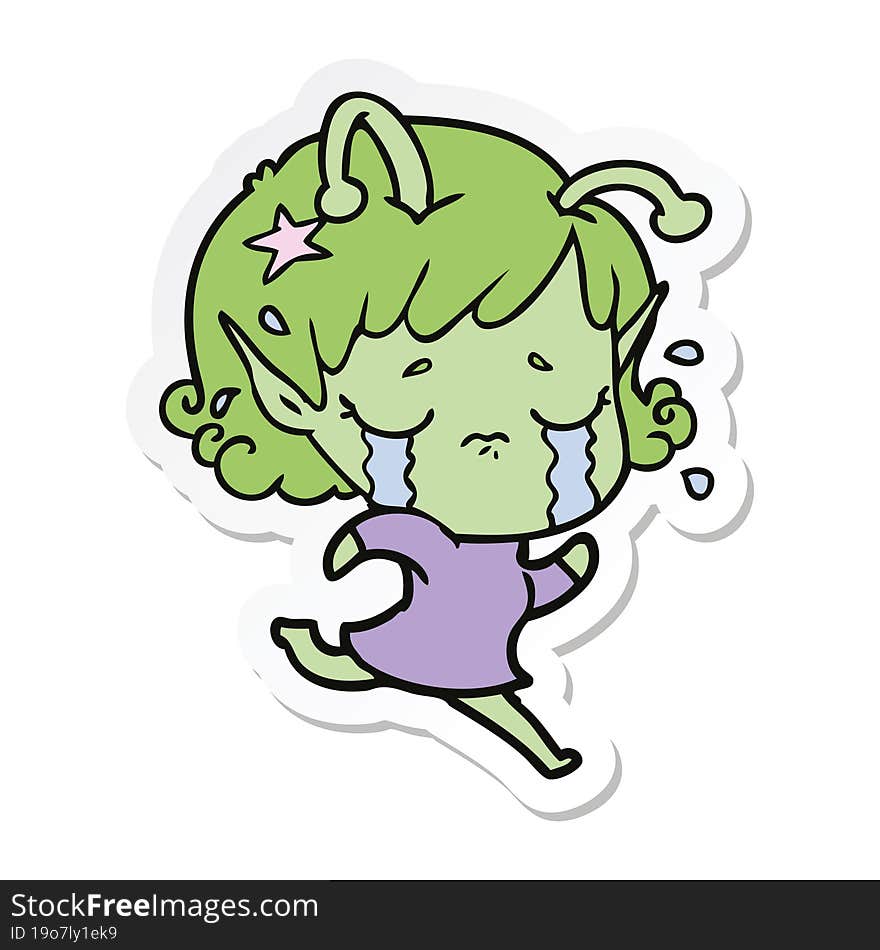 sticker of a cartoon crying alien girl