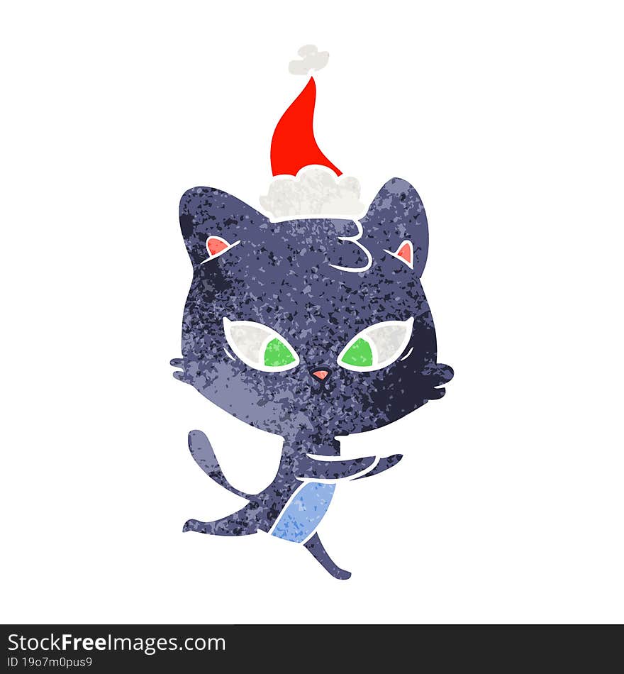 Cute Retro Cartoon Of A Cat Wearing Santa Hat