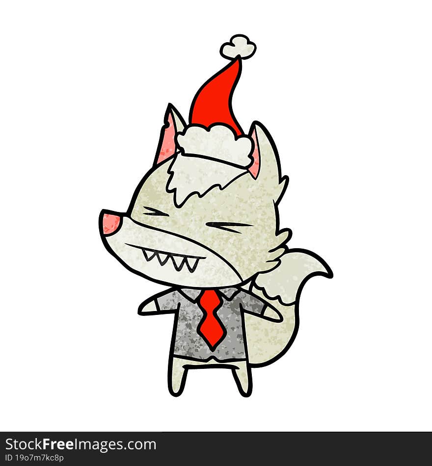 angry wolf boss hand drawn textured cartoon of a wearing santa hat. angry wolf boss hand drawn textured cartoon of a wearing santa hat