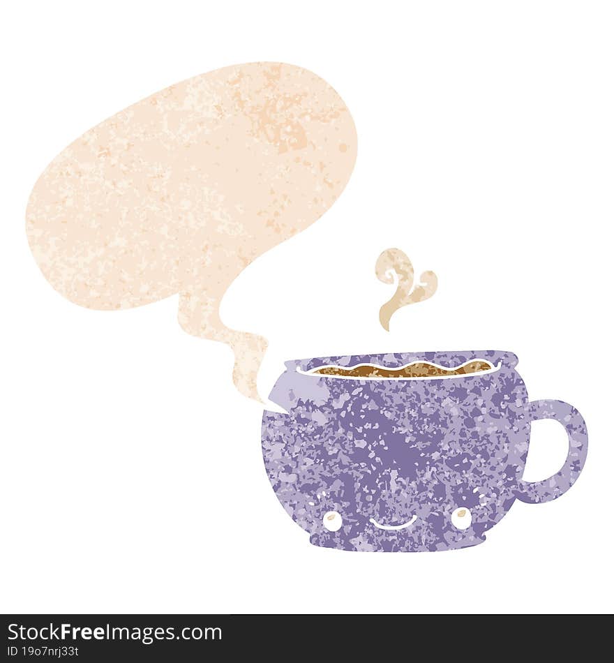 cartoon hot cup of coffee with speech bubble in grunge distressed retro textured style. cartoon hot cup of coffee with speech bubble in grunge distressed retro textured style