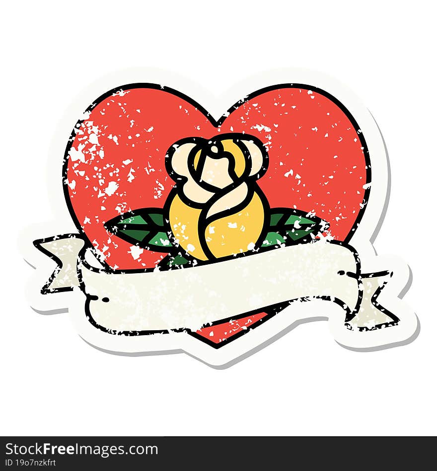 Traditional Distressed Sticker Tattoo Of A Heart Rose And Banner