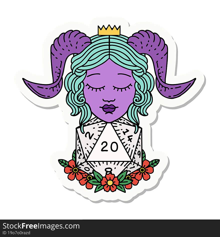 sticker of a tiefling with natural twenty d20 dice roll. sticker of a tiefling with natural twenty d20 dice roll