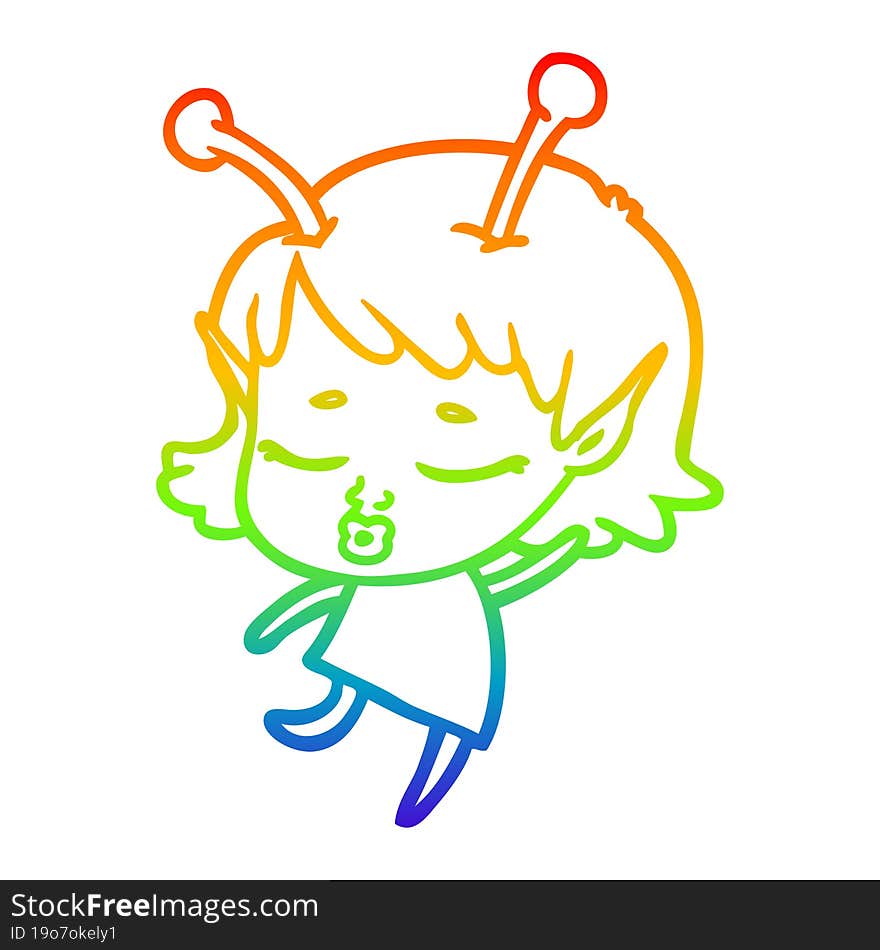 Rainbow Gradient Line Drawing Cute Alien Girl Cartoon