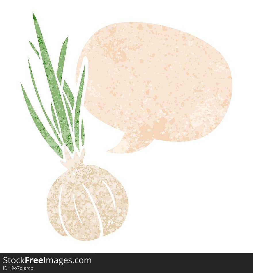 Cartoon Garlic And Speech Bubble In Retro Textured Style