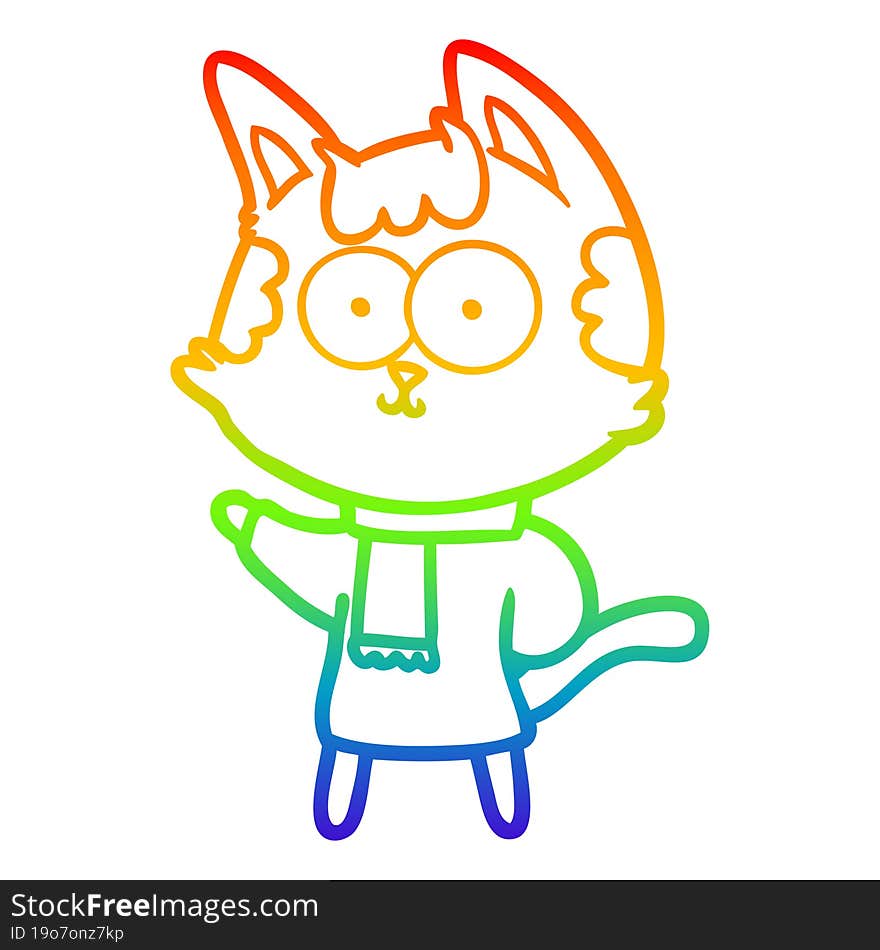 rainbow gradient line drawing happy cartoon cat in winter clothes