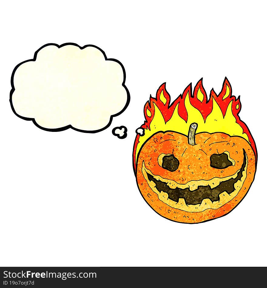 cartoon spooky pumpkin with thought bubble