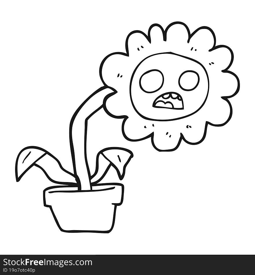 freehand drawn black and white cartoon sad flower