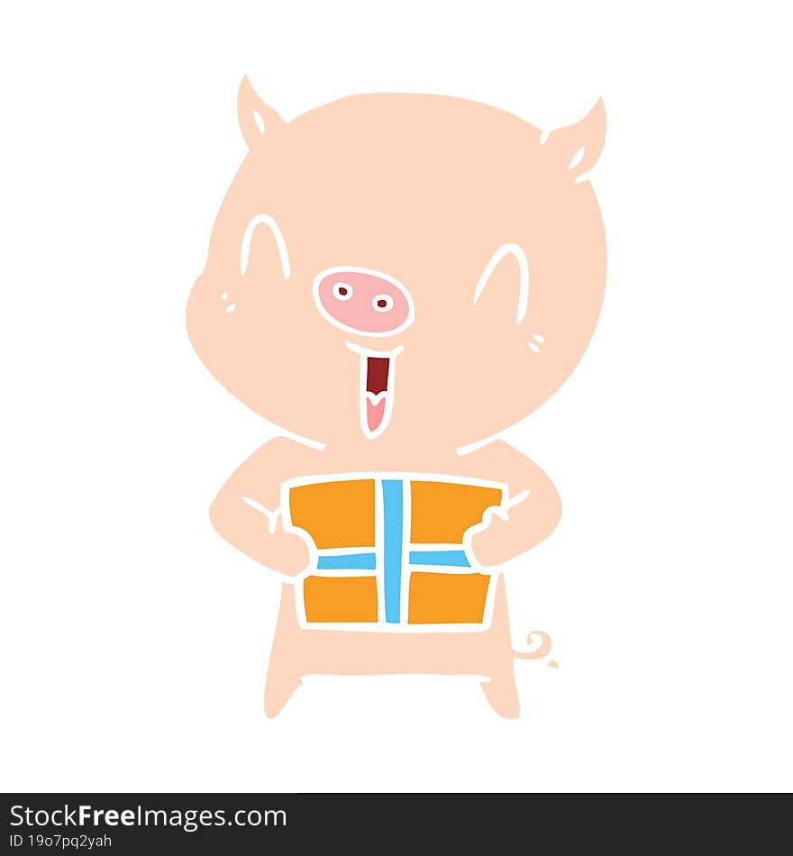 happy flat color style cartoon pig with xmas present