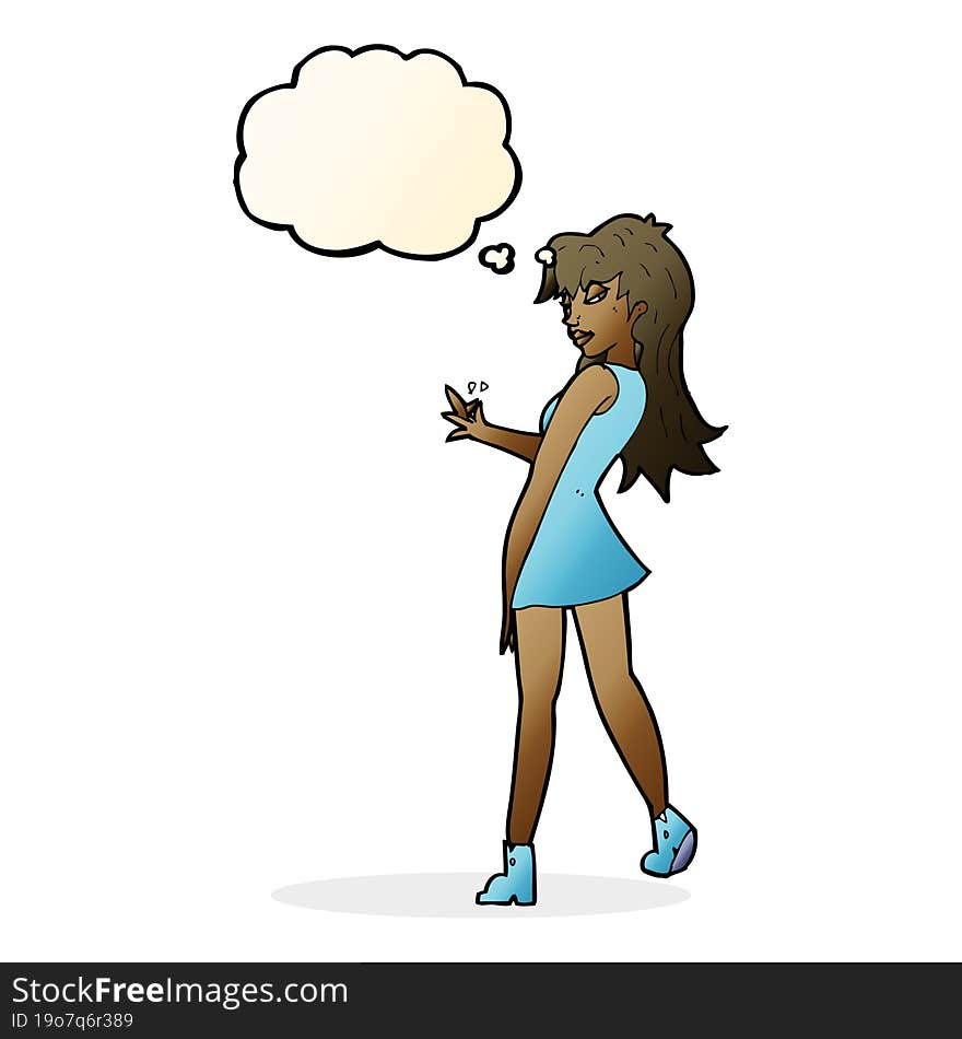 cartoon woman posing in dress with thought bubble