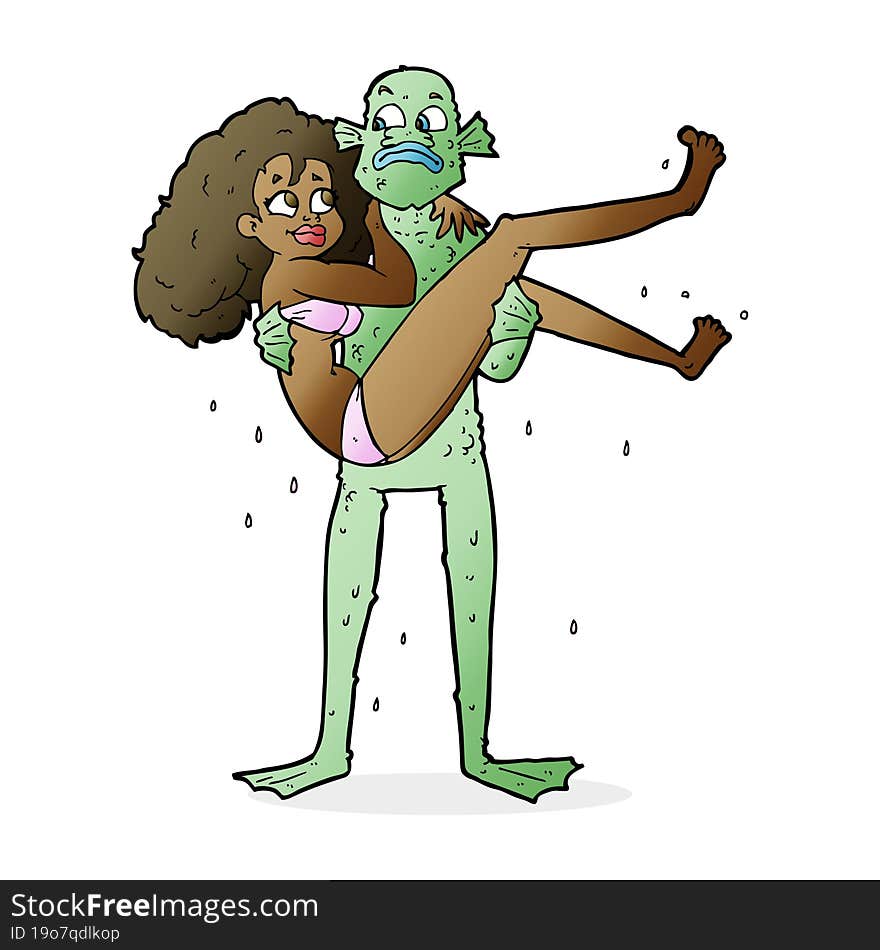 cartoon swamp monster carrying woman in bikini