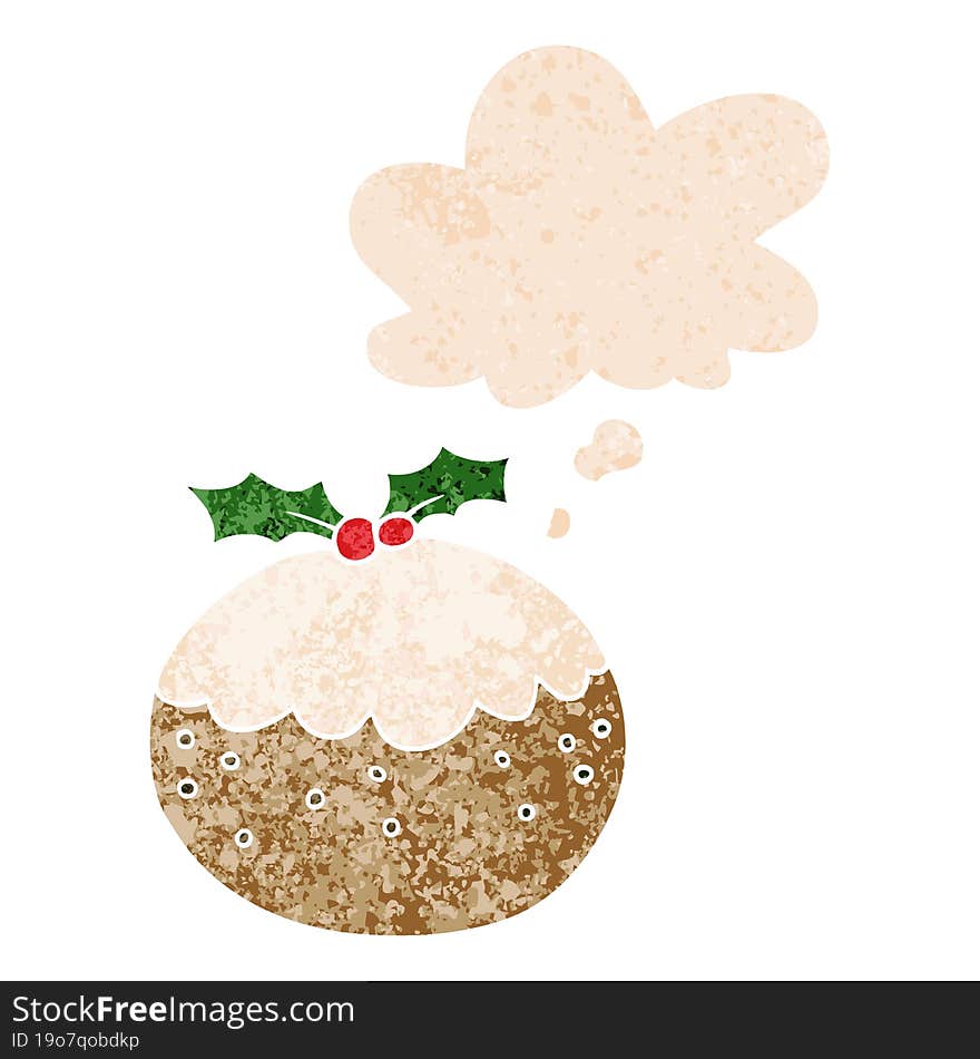 cartoon christmas pudding and thought bubble in retro textured style