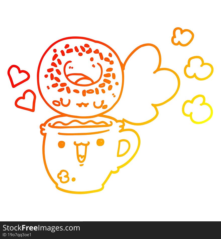 warm gradient line drawing cute cartoon donut and coffee