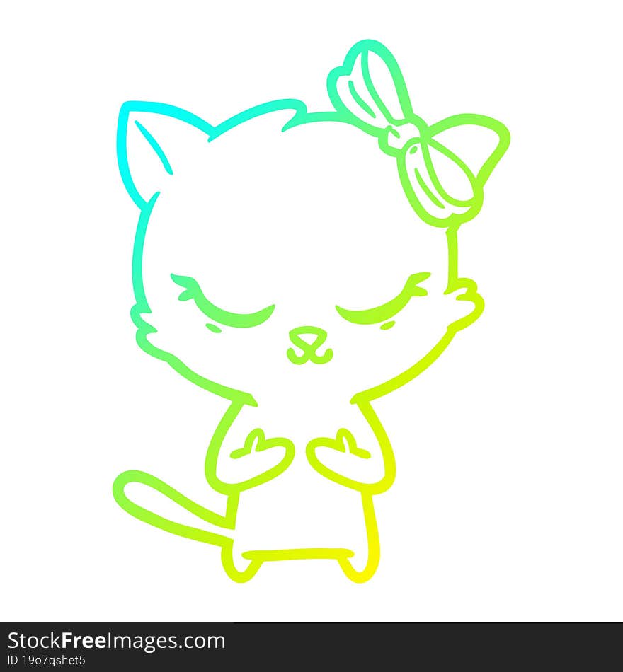 cold gradient line drawing of a cute cartoon cat with bow