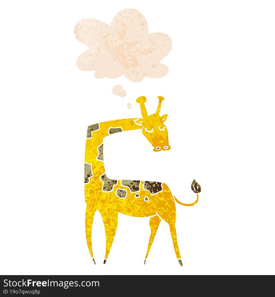 cartoon giraffe and thought bubble in retro textured style