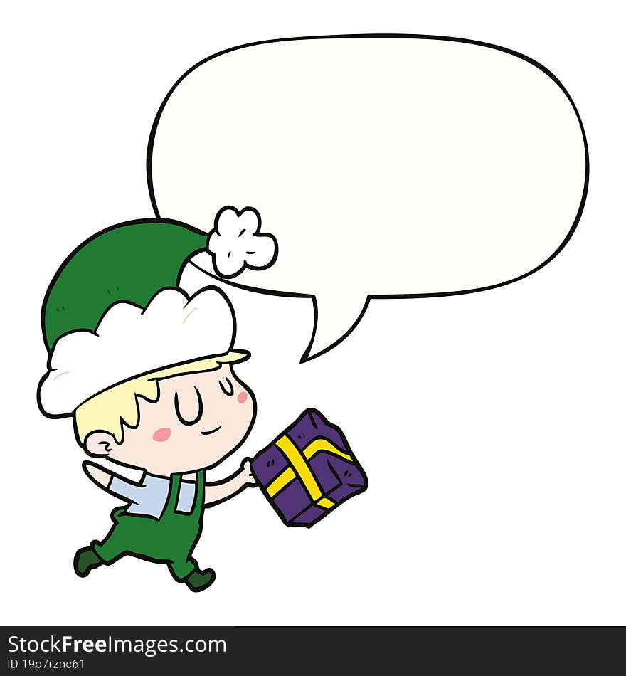 Cartoon Happy Christmas Elf And Present And Speech Bubble