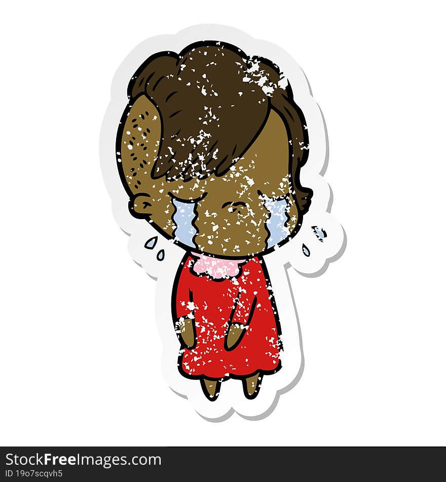 distressed sticker of a cartoon crying girl