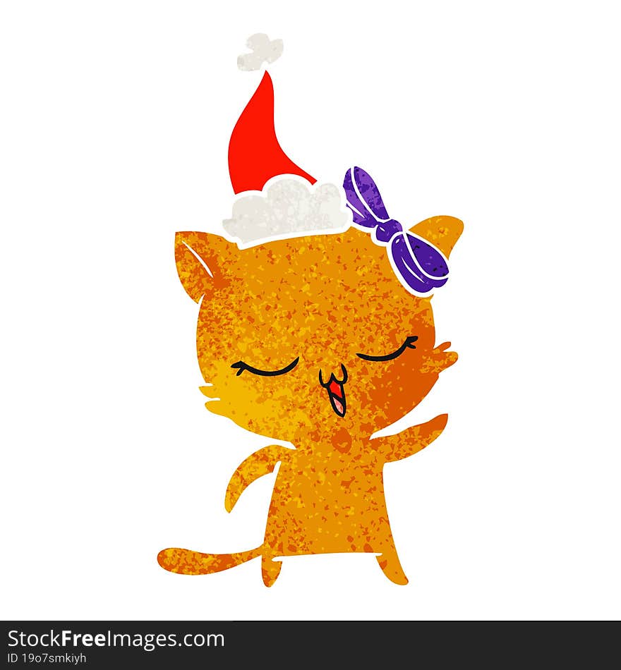 retro cartoon of a cat with bow on head wearing santa hat