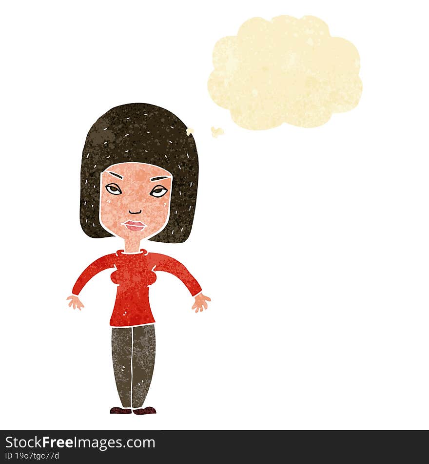 cartoon woman shrugging shoulders with thought bubble