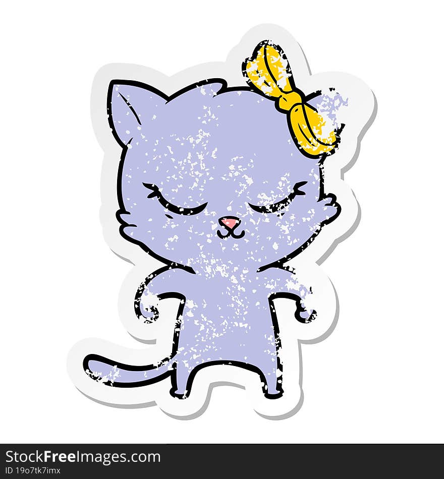 distressed sticker of a cute cartoon cat with bow