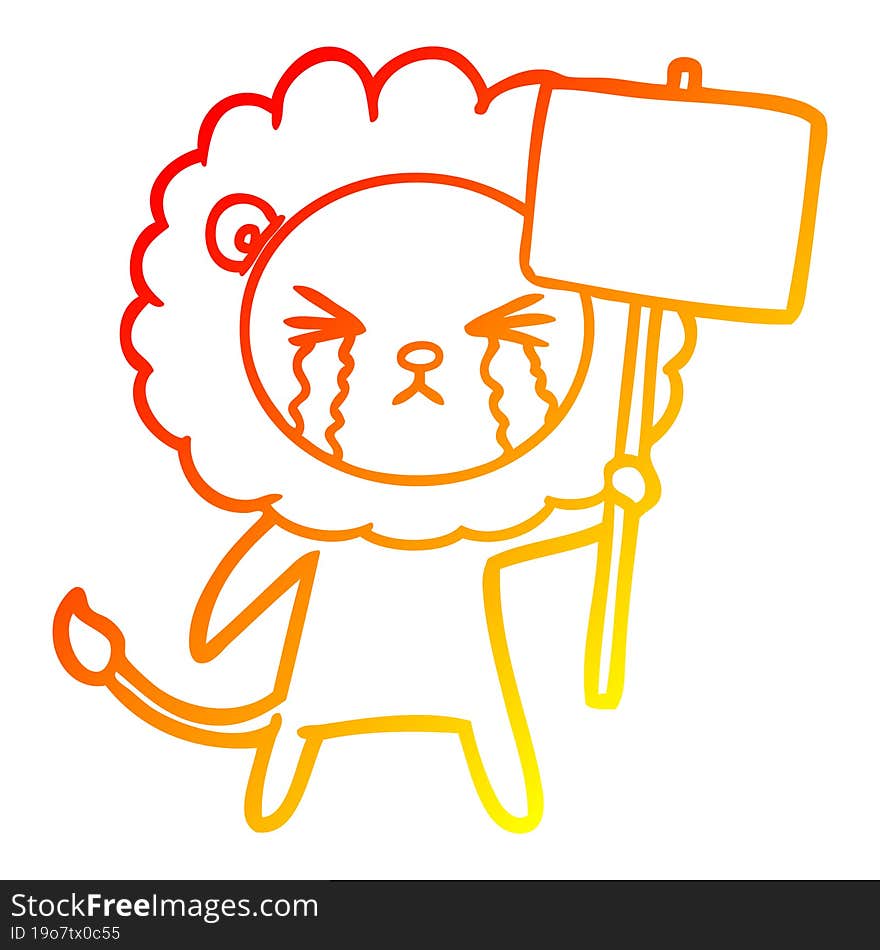 warm gradient line drawing cartoon crying lion with placard