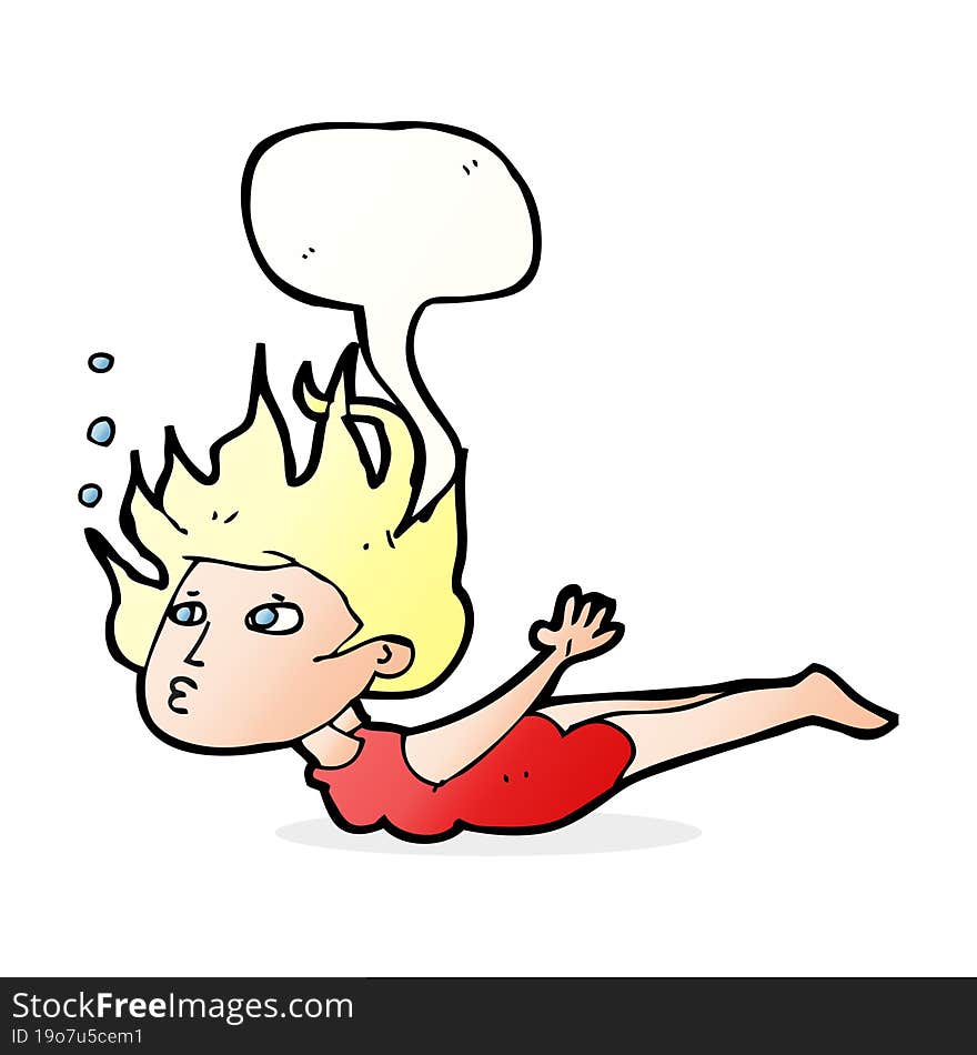 cartoon woman swimming underwater with speech bubble