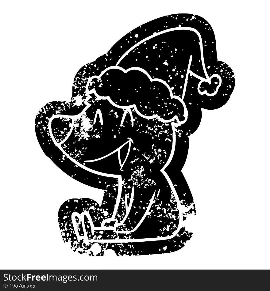 sitting bear cartoon distressed icon of a wearing santa hat