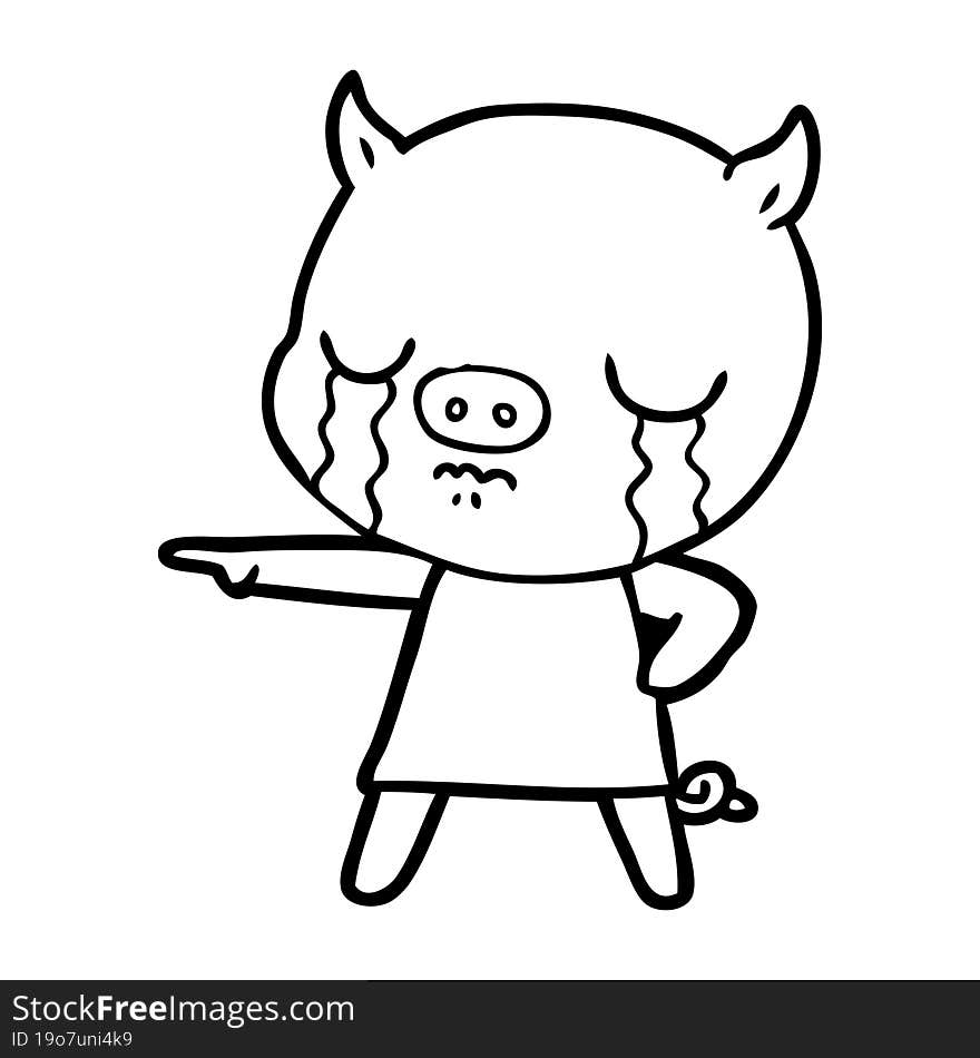 cartoon pig crying pointing. cartoon pig crying pointing