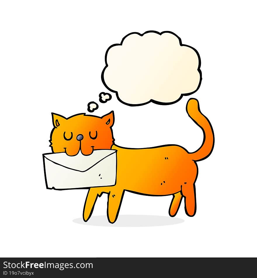 cartoon cat carrying letter with thought bubble