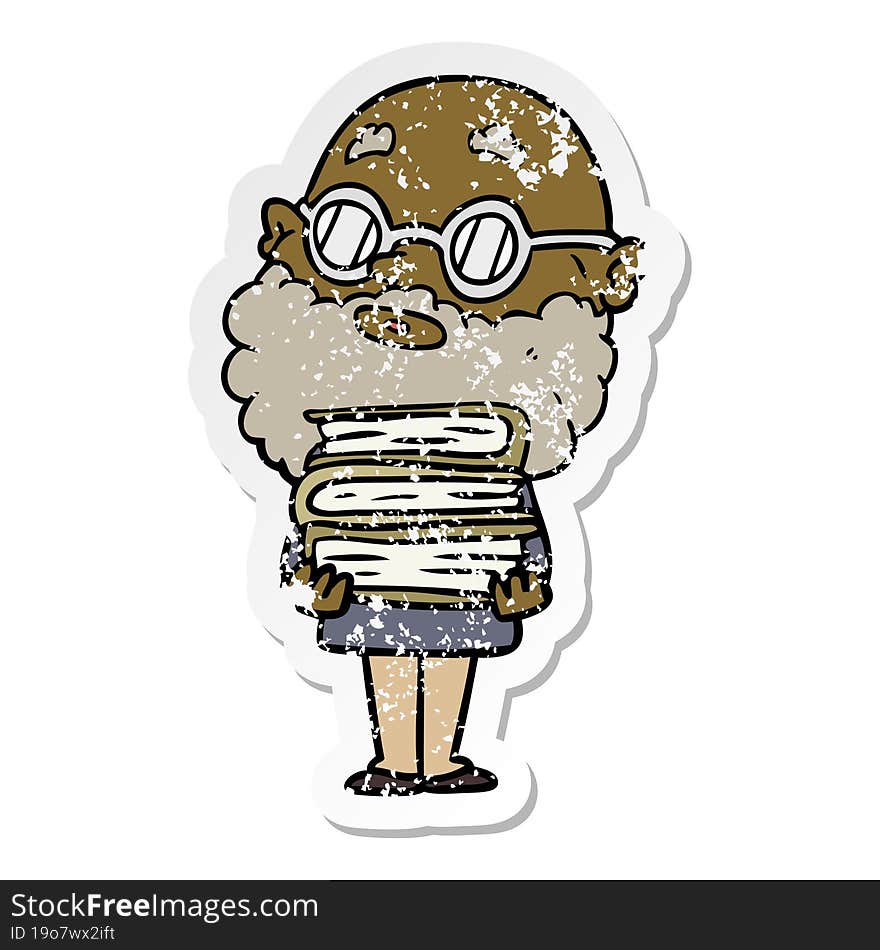 distressed sticker of a cartoon curious man with beard and glasses