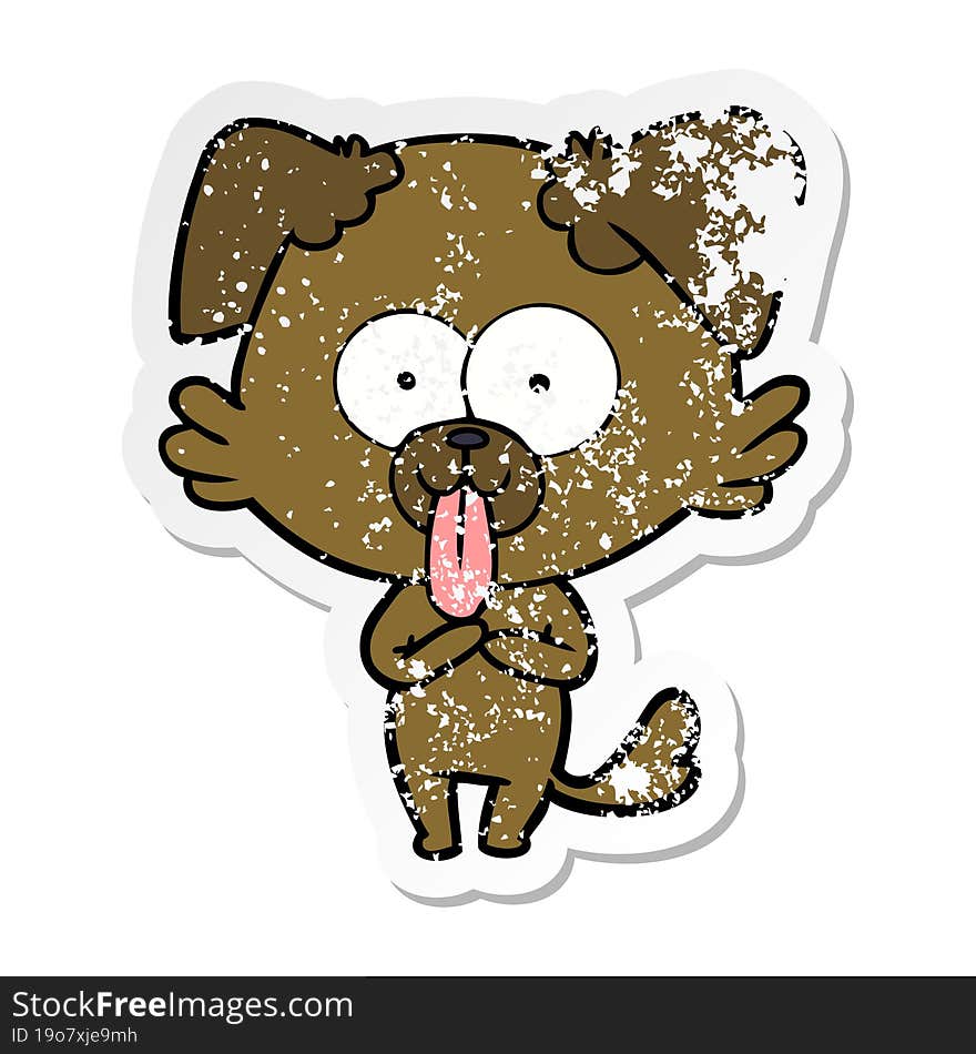 distressed sticker of a cartoon dog with tongue sticking out