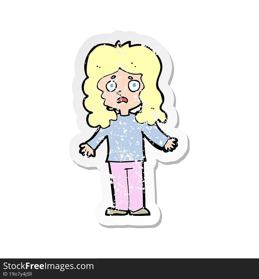 retro distressed sticker of a cartoon worried woman