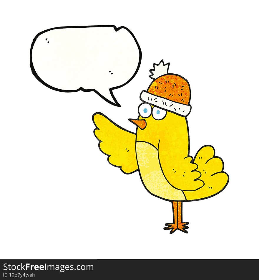 speech bubble textured cartoon bird wearing hat